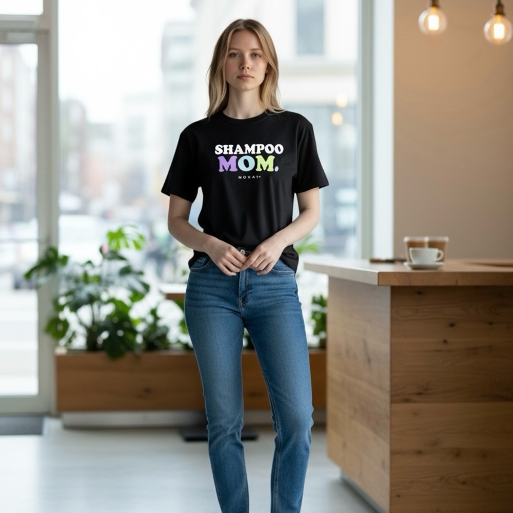 Monat Shampoo Mom Short Sleeve Crew Neck Graphic Print Black Shirt